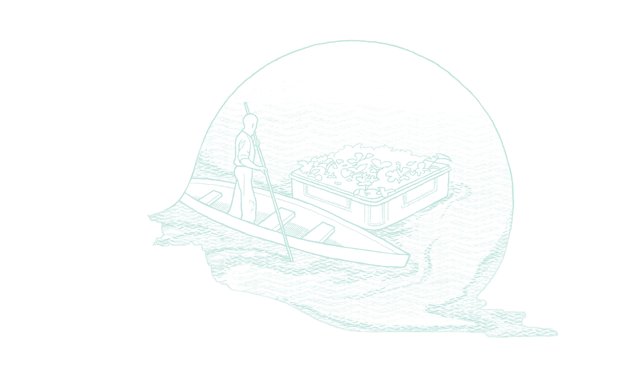 A man in a pirogue uses one long paddle to move across the water. He is maneuvering his canoe to a floating garden. A floating platform holds the plants, keeping them suspended above water.