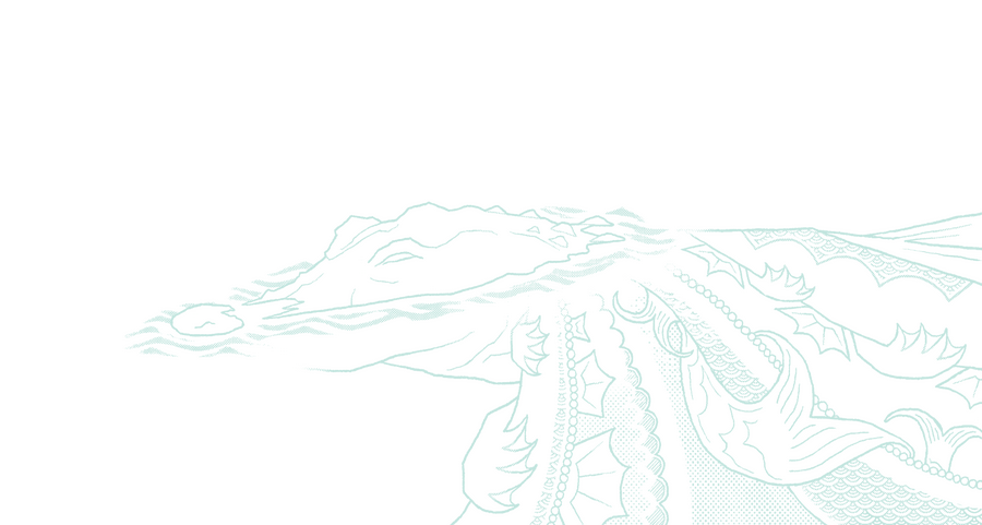 An Alligator pokes the top of its head above the surface of the water. The reflection below it is wildly distorted and fantastical. Lines like fabric folds extend out from the gator and are adorned with many pearls, clawed feet, fish fins, scales, etc.