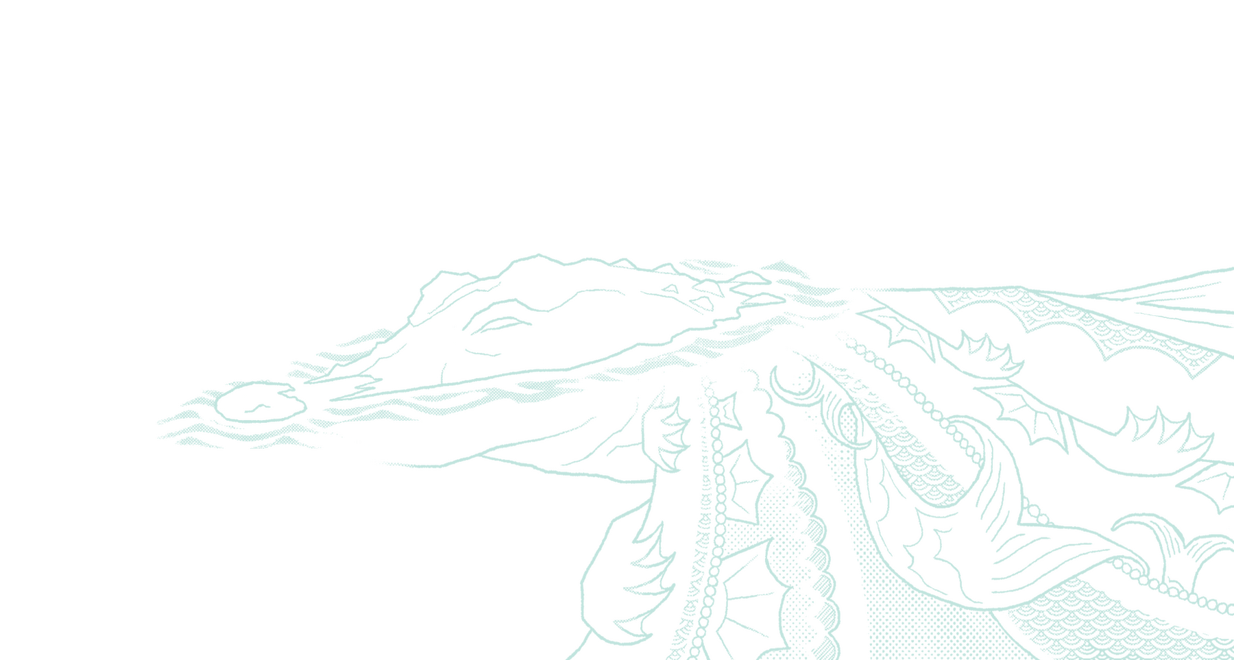 An Alligator pokes the top of its head above the surface of the water. The reflection below it is wildly distorted and fantastical. Lines like fabric folds extend out from the gator and are adorned with many pearls, clawed feet, fish fins, scales, etc.